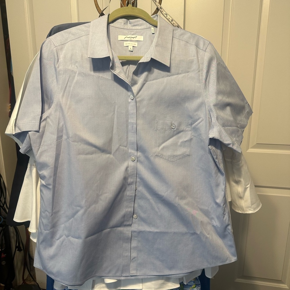 Foxcroft Light Blue  and white Short-Sleeve Button Front Blouse